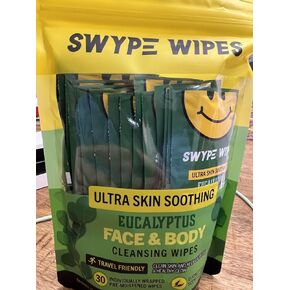 مناديل سوايب المبللة فائقة التلطيف للبشرة والأوكالبتوس لتنظيف الوجه والجسم، تزيل الأوساخ والزيوت والشوائب، خالية من الكحول، مناسبة للسفر، 30 منديلًا مبلّلًا ملفوفًا بشكل فردي in Kuwait