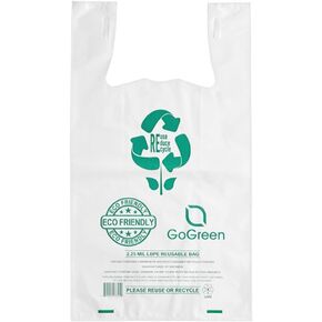 100 كيس تي شيرت قابل للتحلل البيولوجي وإعادة الاستخدام بمقابض - شديدة التحمل 57 ميكرون (2.25 مل) بيضاء للتسوق والتجزئة وشاحنات الطعام والمطاعم، 11.5 بوصة × 6.5 بوصة × 21 بوصة صديقة للبيئة in Kuwait