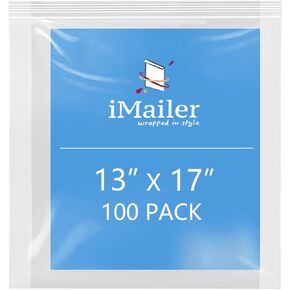 iMailer- 13 بوصة × 17 بوصة 100 عبوة - 2 مل أكياس بسحاب قابلة للإغلاق - أكياس بلاستيكية شفافة مع قفل علوي بسحاب للتخزين والتنظيم والحرف اليدوية والسفر in Kuwait