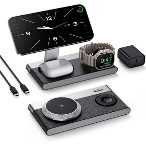 قاعدة شحن لاسلكية مغناطيسية 3 في 1 قابلة للطي لأجهزة Apple، قاعدة شحن لاسلكية سريعة تشبه الجلد مع ضوء ليلي لسلسلة Magsafe iPhone 17/16/15/14/13/12، وساعة Apple، وAirPod in Kuwait