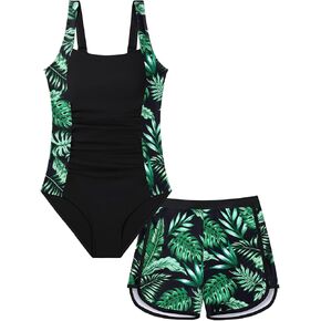 بدلة سباحة للفتيات قطعة واحدة مع شورت بطباعة استوائية وحزام قابل للتعديل للمراهقين مقاس 9-16 in Kuwait