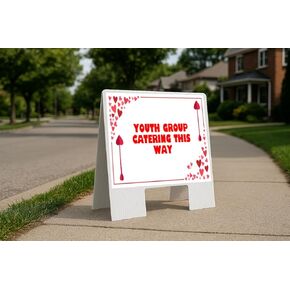 Youth Group Catering This Way Red Frame With Hearts Up Arrows A-Frame Single Sided 23x23 in. sign in Kuwait