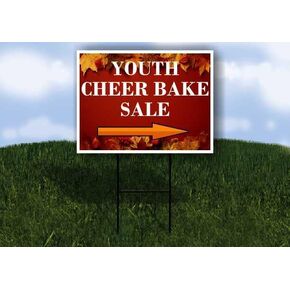 Youth Cheer Bake Sale Autumn Frame Colorful Maple Leaves On Red Background Directional Arrows A-Frame Double Sided 23x23 in. sign in Kuwait