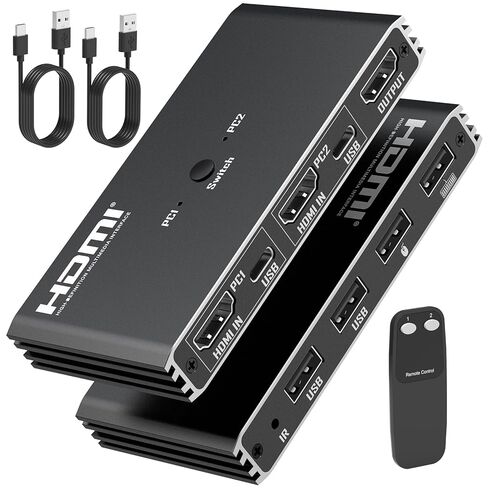 محول HDMI KVM لجهازي كمبيوتر - 4K@60 هرتز، مشاركة شاشة واحدة و4 أجهزة USB، لوحة مفاتيح، ماوس، طابعة، يتضمن كابلين USB ووحدة تحكم عن بعد (بدون بطاريات) in Kuwait