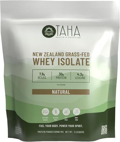 Taha Health & Nutrition Natural Unflavored Whey Protein Isolate, 30g Protein, 7.9g BCAAs, 4.3g Leucine | New Zealand Grass-Fed, Free-Range Dairy | Gluten & Soy Free, Keto, Kosher | 2LB, ~26 Servings in Saudi Arabia