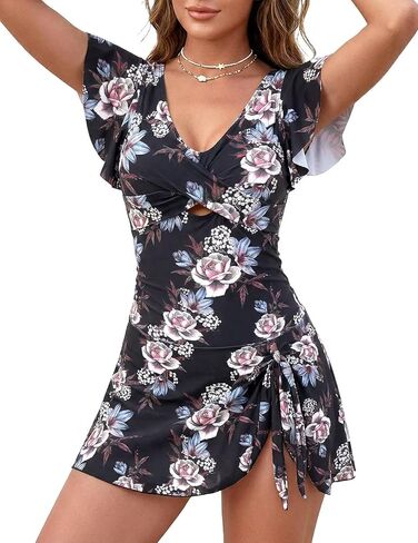Women's One Piece Swimdress Swimsuit Tummy Control Ruffle Swim Dress Skirt Criss Cross Tie Back Bathing Suit in Saudi Arabia