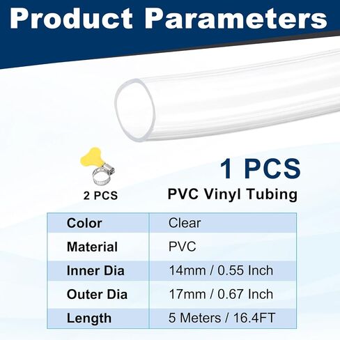 أنابيب فينيل PVC من PATIKIL، مقاس 9/16 بوصة معرف × 11/16 بوصة OD أنبوب بلاستيكي شفاف مرن مع مشبكين للخرطوم، أنبوب خط خرطوم لأنابيب الفينيل الصناعية متعددة الأغراض، 33 قدمًا in Kuwait