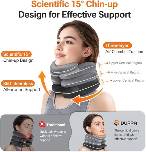 Built-in Inflatable Neck Stretcher with High-Front & Low-Back for Effective Traction, Neck Decompression Devices with 3-Layer Chambers in Varied Sizes, Cervical Traction Device for Home Use in Saudi Arabia