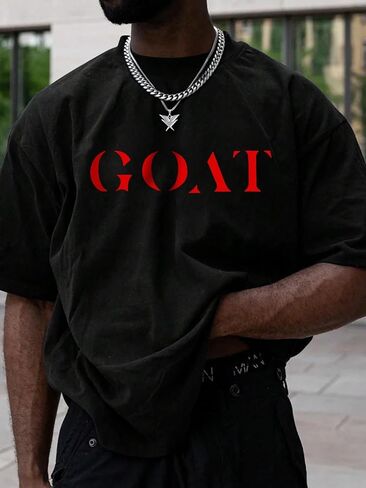Men's Casual Short Sleeve T-Shirt, Goat Print Graphic Tee, Black Crew Neck Streetwear Top for Hip Hop & Sports Fans in Saudi Arabia