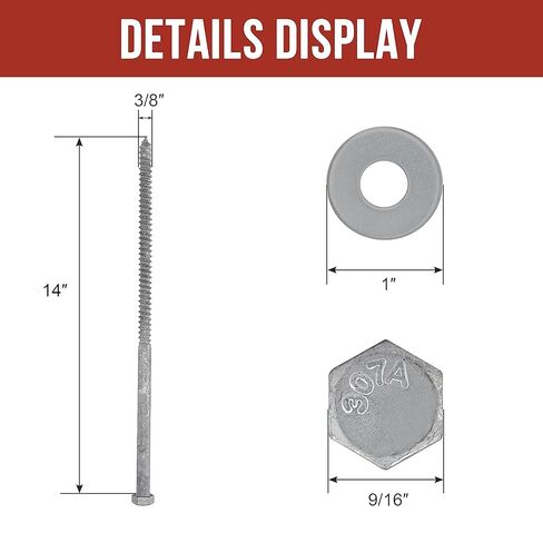 مسامير متخلفة مقاس 3/8 بوصة × 14 بوصة (25 قطعة) مسامير متخلفة للخشب، مجلفنة بالغمس الساخن، رأس سداسية شديدة التحمل مع غسالات in Kuwait