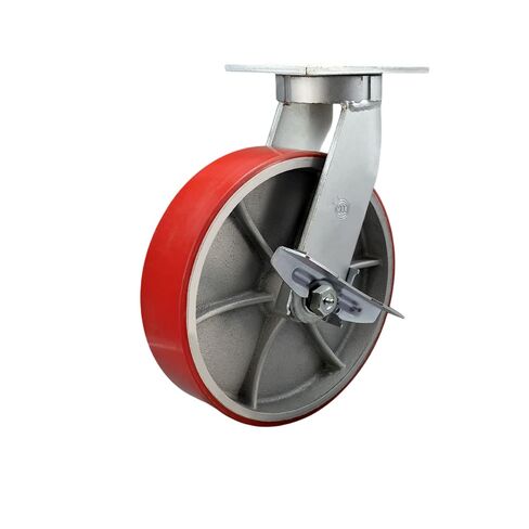 10 Inch Swivel Top Plate Extra Heavy Duty Caster with Red Poly on Cast Iron Wheel and Side Lock Brake- Heavy Duty Caster Wheel - Industrial Caster - 3,000 lbs. Capacity/Caster - Service Caster Brand in Saudi Arabia