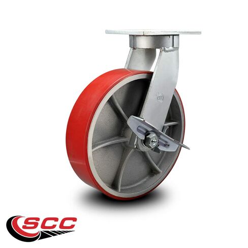 10 Inch Swivel Top Plate Extra Heavy Duty Caster with Red Poly on Cast Iron Wheel and Side Lock Brake- Heavy Duty Caster Wheel - Industrial Caster - 3,000 lbs. Capacity/Caster - Service Caster Brand in Saudi Arabia