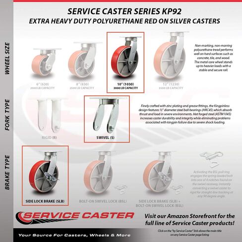 10 Inch Swivel Top Plate Extra Heavy Duty Caster with Red Poly on Cast Iron Wheel and Side Lock Brake- Heavy Duty Caster Wheel - Industrial Caster - 3,000 lbs. Capacity/Caster - Service Caster Brand in Saudi Arabia