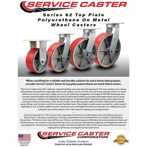 10 Inch Swivel Top Plate Extra Heavy Duty Caster with Red Poly on Cast Iron Wheel and Side Lock Brake- Heavy Duty Caster Wheel - Industrial Caster - 3,000 lbs. Capacity/Caster - Service Caster Brand in Saudi Arabia
