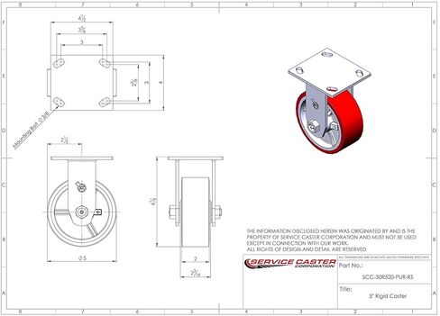 5" Heavy Duty Rigid Caster with Red Polyurethane on Iron Wheel - 1,000 lbs Capacity - Service Caster Brand in Saudi Arabia