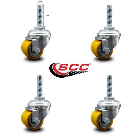 Low Profile Polyurethane Swivel Threaded Stem Caster Set of 4 w/35mm x 27mm Yellow Wheels and 10mm Stem - 880 lbs Total Capacity - Service Caster Brand in Saudi Arabia