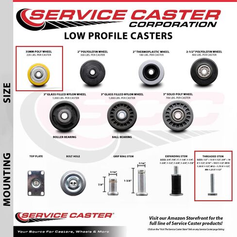 Low Profile Polyurethane Swivel Threaded Stem Caster Set of 4 w/35mm x 27mm Yellow Wheels and 10mm Stem - 880 lbs Total Capacity - Service Caster Brand in Saudi Arabia