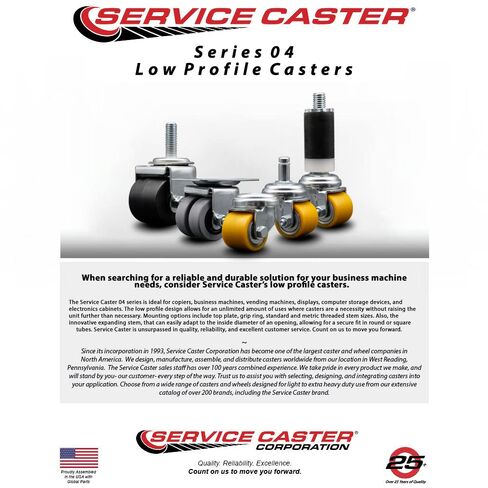 Low Profile Polyurethane Swivel Threaded Stem Caster Set of 4 w/35mm x 27mm Yellow Wheels and 10mm Stem - 880 lbs Total Capacity - Service Caster Brand in Saudi Arabia
