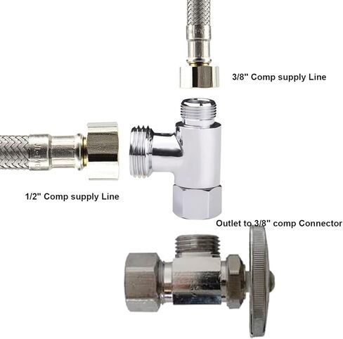محول تي شيرت ثلاثي الاتجاهات، 3/8 بوصة × 3/8 بوصة × G1/2 ذكر، صمام نحاسي إضافي مع لمسة نهائية من الكروم، موصل خط المياه بزاوية إيقاف للبيديت، الصنبور، المرحاض، غسالة الأطباق in Kuwait