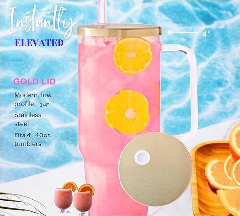 Tumbler Replacement Lid Gold Stainless Steel, Luxury Metal Design for Drinkware, 18/8 Steel Compatible with 40 oz Glass Tumblers, Fits Tumblers with 4" Lid, Elevate Your Tumbler in Saudi Arabia