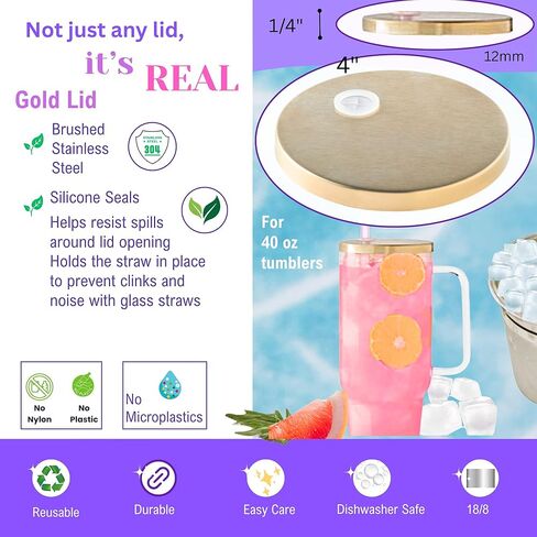 Tumbler Replacement Lid Gold Stainless Steel, Luxury Metal Design for Drinkware, 18/8 Steel Compatible with 40 oz Glass Tumblers, Fits Tumblers with 4" Lid, Elevate Your Tumbler in Saudi Arabia