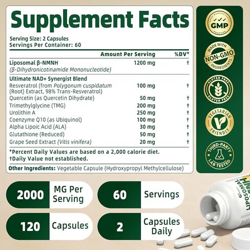 NMNH Supplement 2000mg, Liposomal Nicotinamide Mononucleotide Alternative for NAD+ and Healthy Aging - with Resveratrol, Urolithin A, TMG, CoQ10 - 120 Capsules (β-Dihydronicotinamide Mononucleotide) in Saudi Arabia