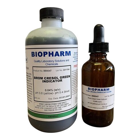 Bromocresol Green Indicator 0.04% (w/v) Aqueous Solution — 250 mL *(8.4 fl oz) — Includes a 50 mL Empty Dropper Bottle and Dispensing Cap — pH 3.8 (Yellow) - pH 5.4 (Blue) in Saudi Arabia