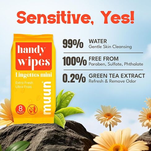 Mini Travel Wipes (8 packs, 8 wipes each) - Compact Wet Wipes for Hands and Face, Green Tea Scent, On The Go Wipes for Camping & Travel, Skin-Friendly for Adults, Total 64 Ct. in Saudi Arabia