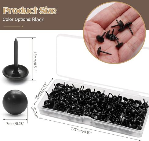 Biaungdo 200 Pcs 7 x 13 mm Round Head Upholstery Tacks, Black Metal Thumb Tacks Decorative Push Pins Upholstery Nails with Plastic Storage Box for Sofa, Chair, Furniture, Home Decor in Saudi Arabia