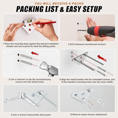 حامل لوح تزلج على الحائط من CARGEN مكون من 6 قطع - رف عرض لوح تزلج من الألومنيوم مع فتحتين لولبية للتعليق الأفقي والرأسي يناسب معظم ألواح التزلج الطويلة والطوابق العليا in Kuwait