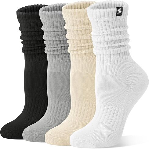 Athletic Slouchy Socks for Women, 4 Pairs Scrunch Cotton Comfy Boot Crew Socks, Size 5-10 in Saudi Arabia