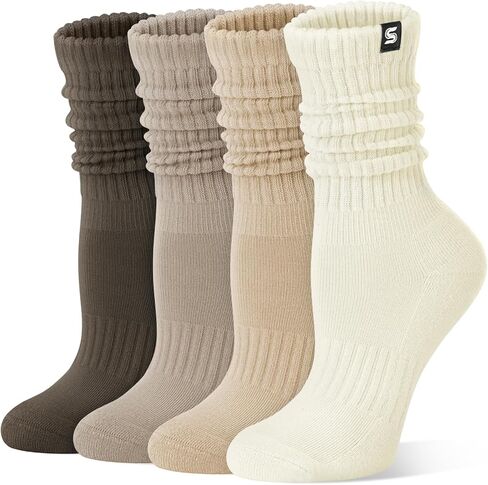 Athletic Slouchy Socks for Women, 4 Pairs Scrunch Cotton Comfy Boot Crew Socks, Size 5-10 in Saudi Arabia