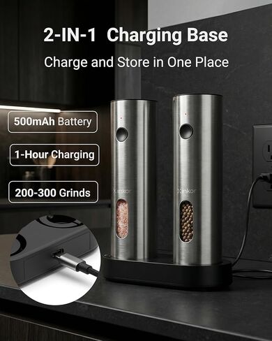 Electric Salt and Pepper Grinder Set with USB-C Charging Base, Stainless Steel Automatic Rechargeable Salt and Pepper Grinder with LED Light & Large Capacity, 6 Adjustable Coarseness Settings in Saudi Arabia