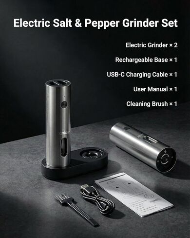 Electric Salt and Pepper Grinder Set with USB-C Charging Base, Stainless Steel Automatic Rechargeable Salt and Pepper Grinder with LED Light & Large Capacity, 6 Adjustable Coarseness Settings in Saudi Arabia