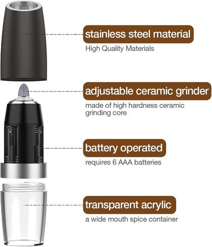 Gravity Electric Salt and Pepper Grinder Set Automatic Salt and Pepper Grinder Set with LED Light, Battery Operated, Adjustable Coarseness, Large Capacity, for Home Kitchen BBQ (Black 2 Pack) in Saudi Arabia