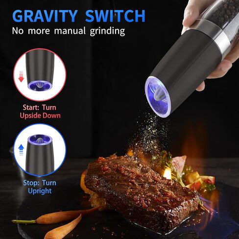 Gravity Electric Salt and Pepper Grinder Set Automatic Salt and Pepper Grinder Set with LED Light, Battery Operated, Adjustable Coarseness, Large Capacity, for Home Kitchen BBQ (Black 2 Pack) in Saudi Arabia