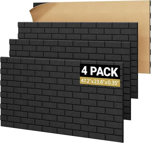 لوحات صوتية بنمط الطوب TONOR، 4 عبوات 47.2 بوصة × 23.6 بوصة × 0.35 بوصة لوحات مقاومة للصوت عالية الكثافة للجدران، لوحات جدارية لديكور الجدران الداخلية، عازل للصوت لغرفة التسجيل، الاستوديو، أسود in Kuwait