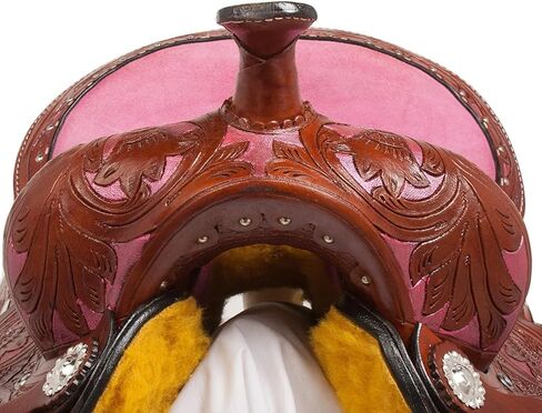 مجموعة سرج الفروسية من الجلد باللون الوردي الغربي للأطفال والشباب والكبار سرج مُزين بالزهور مع Conchos فضي من 10 إلى 18 بوصة WS-104 in Saudi Arabia