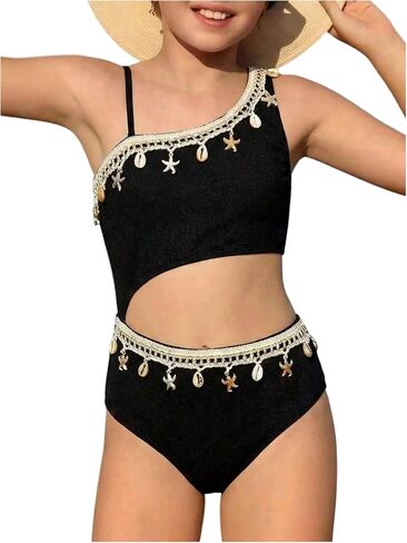 OYOANGLE Girl's One Piece Swimsuit Seashell Decor Asymmetrical Neck Cut Out Bathing Suits Monokini in Saudi Arabia