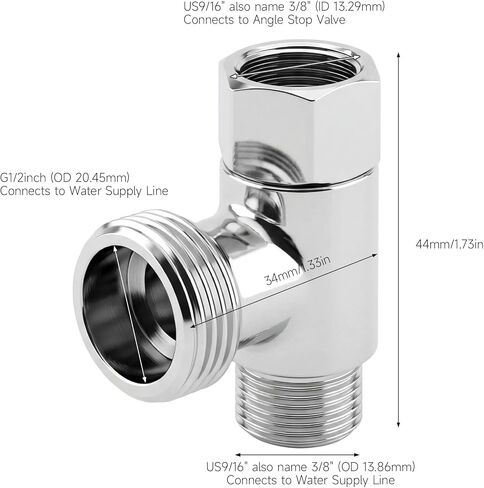 3/8" and 1/2" Adapter T Connector, Brass 3 Way Adapter Tee Connector, Angle Stop Water Line Connector T Pipe Fitting for Bidet Hose Toilet Faucet (Silver) in Saudi Arabia