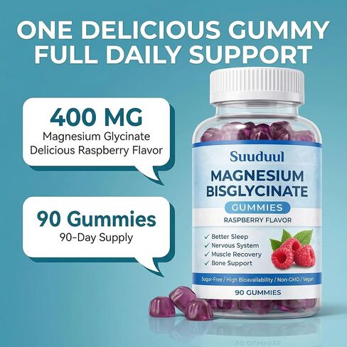 Magnesium Bisglycinate Gummies, 400mg High Absorption Magnesium Supplement, Raspberry Flavor, Supports Muscle & Nerve Function, Relaxation & Daily Wellness, Vegan, 90 Gummies in Saudi Arabia