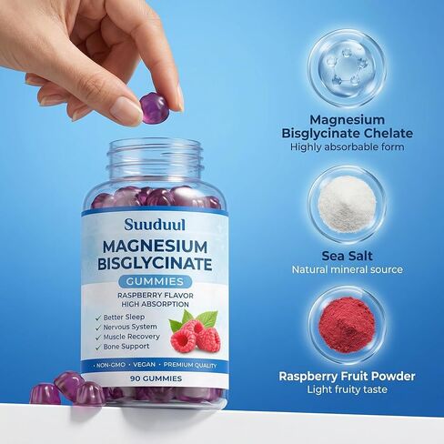 Magnesium Bisglycinate Gummies, 400mg High Absorption Magnesium Supplement, Raspberry Flavor, Supports Muscle & Nerve Function, Relaxation & Daily Wellness, Vegan, 90 Gummies in Saudi Arabia
