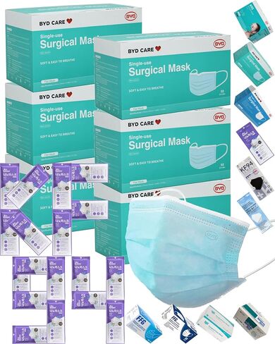 أقنعة BYD ASTM المستوى 3 باللون الأزرق للاستعمال مرة واحدة، أقنعة وجه ثلاثية الطبقات 300 قطعة (6 صناديق)، تهوية عالية الترشيح، سلك أنف معدني قابل للتعديل، بالإضافة إلى 18 عبوة من غطاء الفم بفلتر ألياف نانو من ألياف الهواء الأبيض in Kuwait