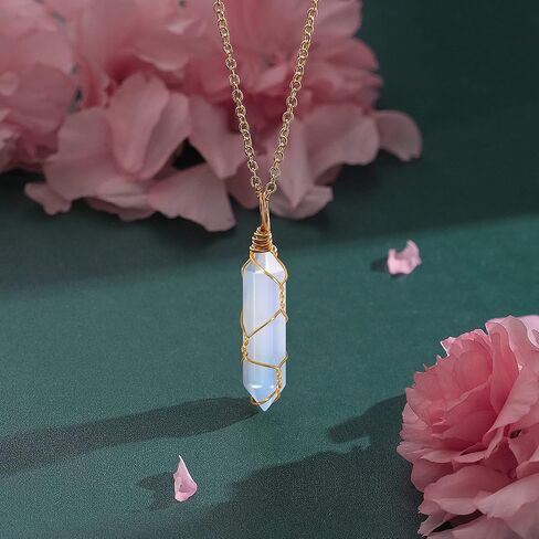 VIBILIA Healing Crystal Necklace Wire Wrapped Opal Stone Point Pendant Necklace Hexagonal Reiki Spiritual Quartz Gemstone Jewelry for Women Men in Kuwait