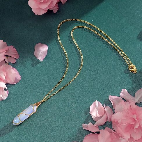 VIBILIA Healing Crystal Necklace Wire Wrapped Opal Stone Point Pendant Necklace Hexagonal Reiki Spiritual Quartz Gemstone Jewelry for Women Men in Kuwait