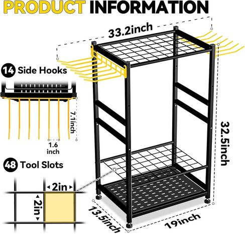 منظم أدوات الحديقة، أداة بمقبض طويل يصل إلى 48، تخزين وتنظيم المرآب مع خطاف جانبي للمكنسة/المجرفة/المجرفة/أداة المقبض على شكل حرف T، رف أدوات خارجي من الفولاذ عالي التحمل، حامل أدوات الفناء للسقيفة in Kuwait