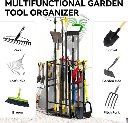 منظم أدوات الحديقة، أداة بمقبض طويل يصل إلى 48، تخزين وتنظيم المرآب مع خطاف جانبي للمكنسة/المجرفة/المجرفة/أداة المقبض على شكل حرف T، رف أدوات خارجي من الفولاذ عالي التحمل، حامل أدوات الفناء للسقيفة in Kuwait