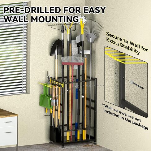 منظم أدوات الحديقة، أداة بمقبض طويل يصل إلى 48، تخزين وتنظيم المرآب مع خطاف جانبي للمكنسة/المجرفة/المجرفة/أداة المقبض على شكل حرف T، رف أدوات خارجي من الفولاذ عالي التحمل، حامل أدوات الفناء للسقيفة in Kuwait