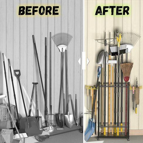 منظم أدوات الحديقة، أداة بمقبض طويل يصل إلى 48، تخزين وتنظيم المرآب مع خطاف جانبي للمكنسة/المجرفة/المجرفة/أداة المقبض على شكل حرف T، رف أدوات خارجي من الفولاذ عالي التحمل، حامل أدوات الفناء للسقيفة in Kuwait