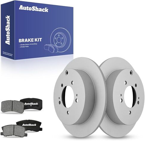 AutoShack 11.89" (302 mm) Rear Solid Drilled & Slotted Brake Rotors E-Coated + Ceramic Brake Pads Replacement for 2009-2015 Mitsubishi Lancer 6-PC Brake Kit ShadowGuard in Saudi Arabia